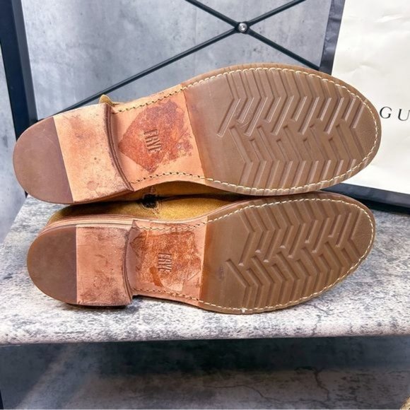 FRYE | Veronica Buckle Strap Suede Short Ankle Biker Moto Boots in ‘Brandy’ - Picture 12 of 13